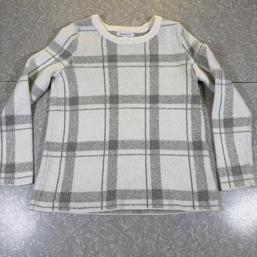 Liz Claiborne Womens Medium Ivory Grey Plaid Crew Neck Long Sleeve Knit Sweater